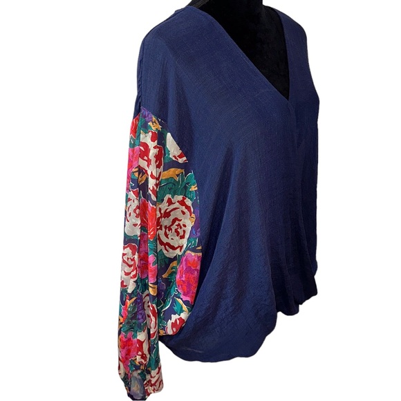 Scrap Work Balloon Sleeve Wrap Front Blouse Size Large Artsy Design Oversized - Picture 4 of 11